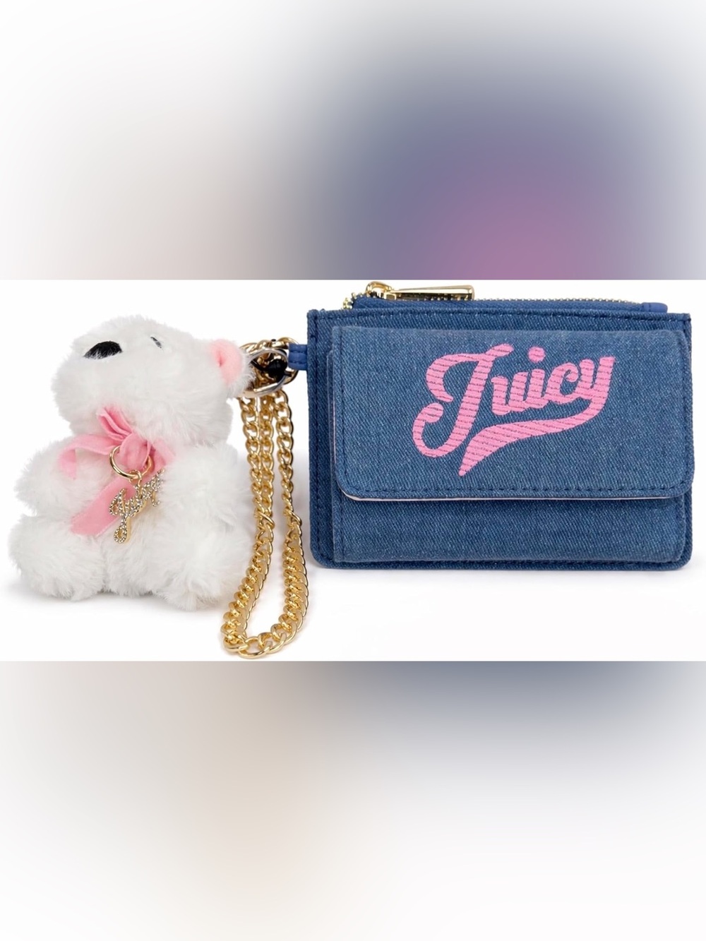 Juicy Couture Denim Wallet w Bear Charm & Gold Chain NWT Y2K Coquette